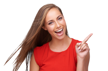 Beauty, pointing finger and portrait of woman on an isolated, transparent png background for fashion, marketing and advertising. Smile, cosmetics and girl point for deal, sale and product placement
