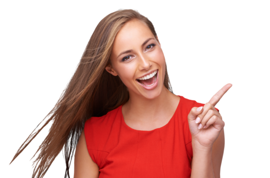 Beauty, pointing finger and portrait of woman on an isolated, transparent png background for fashion, marketing and advertising. Smile, cosmetics and girl point for deal, sale and product placement
