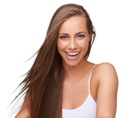 Woman, smile portrait and hair care wellness, skincare beauty or cosmetics. Dermatology of model, happy face and luxury salon facial glow or happiness on an isolated and transparent png background