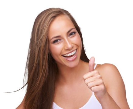 Thumbs up, woman portrait winning, success or goal achievement on isolated, transparent png background. Yes, ok and winner or model face or hand sign for target goals, emoji like and happy, good vote