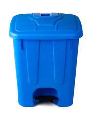 A blue trash bin isolated on white
