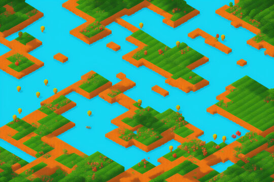 Generative AI, Forest and mountain landscapes in pixel art game style