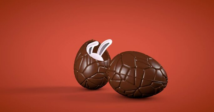 Cute white rabbit in a chocolate egg. Easter background. 3D animation