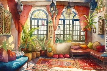 Fototapeta na wymiar watercolour. Landscape. Bohemian style room. Moroccan life. Plants, carpet, and cushions. Generative AI