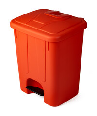 Orange plastic waste bin isolated on white
