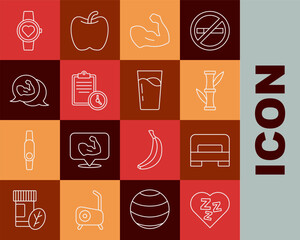 Set line Sleepy, Big bed, Bamboo, Bodybuilder muscle, Sport training program, Smart watch and Glass with water icon. Vector