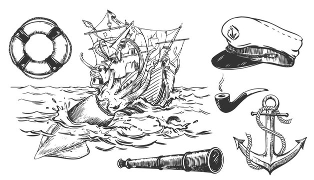 Nautical elements set. Anchor, captain's cap, lifebuoy, smoking pipe. Composition according to the legends of sailors, a huge squid attacks the ship. The kraken drags the sailboat underwater. Vector.