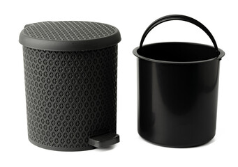 Plastic trash can with lid on white background
