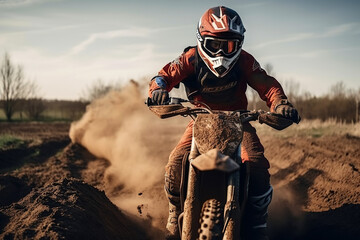 racer on sports enduro motorbike in off-road competitions. Generative AI - obrazy, fototapety, plakaty