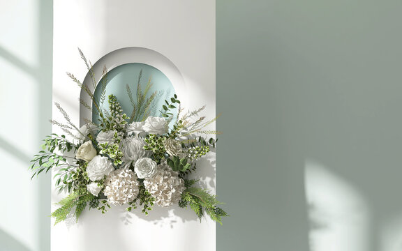Double layer wooden wedding backdrop stand with ache panel, white flowers, greenery, leaf, twig bouquet in sunlight, shadow on blank pastel mint green wall for decoration background 3D - Powered by Adobe