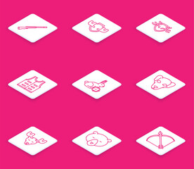 Set line Hunting gun, Moose horns on shield, Deer antlers, jacket, rabbit with crosshairs, dog, head and Bear icon. Vector