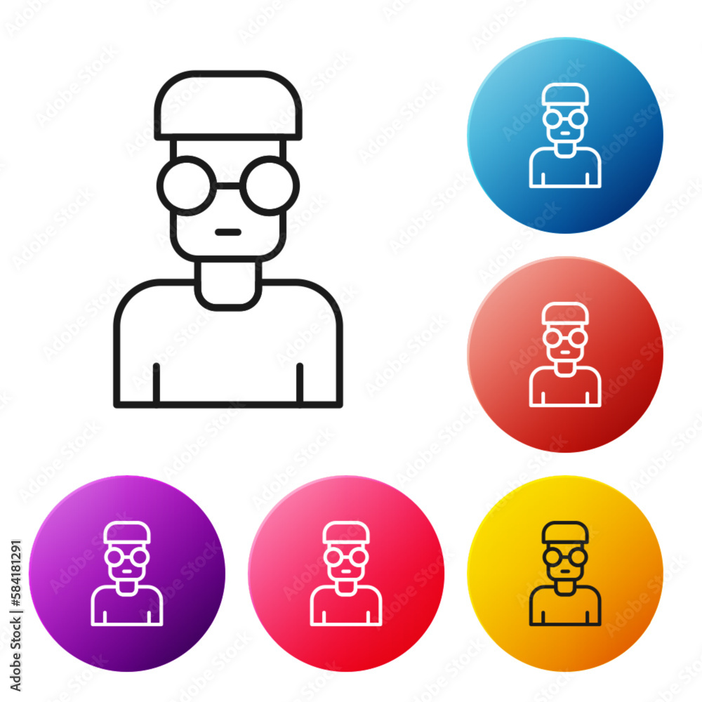 Poster black line nerd geek icon isolated on white background. set icons colorful circle buttons. vector