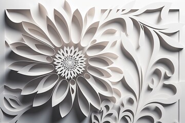 Fototapeta na wymiar White flowers paper cut background with copyspace. Generative AI