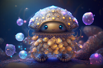 Obraz na płótnie Canvas Adorable jellywish creature, wearing ornate bejeweled with luminous beads