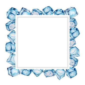 Watercolor frame with ice cubes. Hand painting clipart on an isolated background. For designers, decoration, postcards, wrapping paper, scrapbooking, covers, invitations, posters and textile