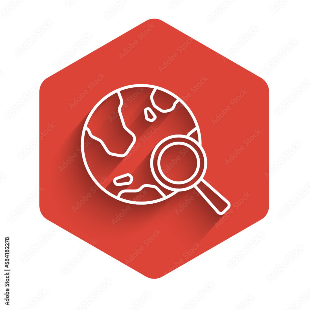 Poster white line magnifying glass with globe icon isolated with long shadow background. analyzing the worl