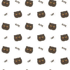 Cats seamless pattern, fold-eared cat with yellow eyes and CUTE CAT quote. Pattern for fabric, wrapping paper, childrens clothing. Vector illustration illustration in a flat style.