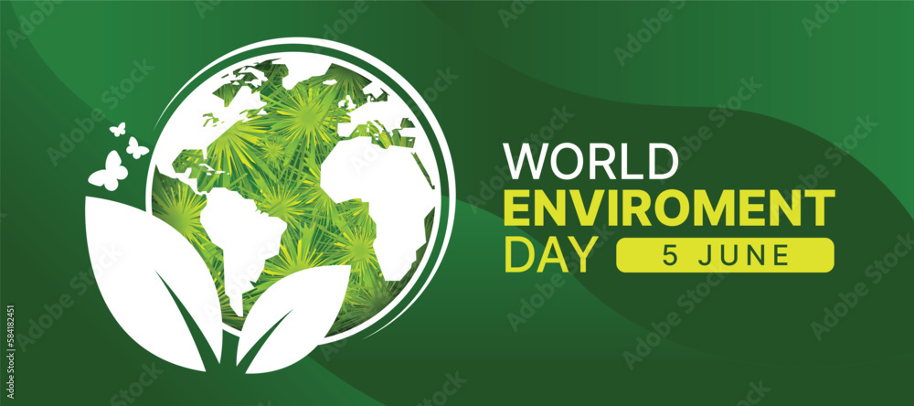 Poster world environment day - white circle world globe, leaf and butterfly sign with abstract green leaves