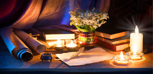 Still life with a bouquet and an old book