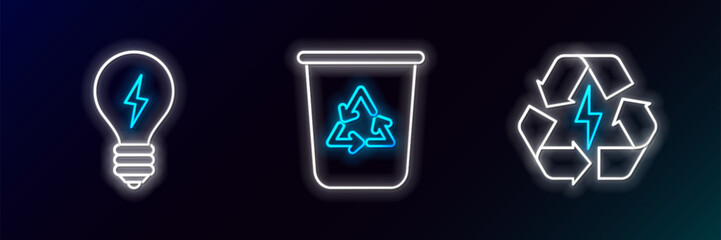 Set line Battery with recycle symbol, Light bulb lightning and Recycle bin icon. Glowing neon. Vector