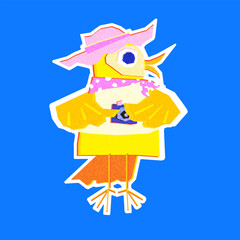 Sticker, cute bird in a hat, vector. Collection of flat color cartoon bird characters in different poses. Funny pets isolated on a colored background.