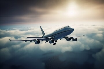 Fly Above the Clouds. Airplane Transport in the Sky with Cloudy Background