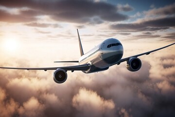 Naklejka premium Fly Above the Clouds. Airplane Transport in the Sky with Cloudy Background
