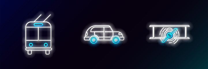 Set line Old retro vintage plane, Trolleybus and Hatchback car icon. Glowing neon. Vector
