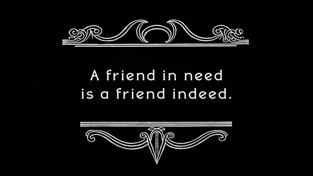 A text message into a frame, silent films style (noise and flickering): a friend in need is indeed. Black and white, ornate top and bottom separators.
