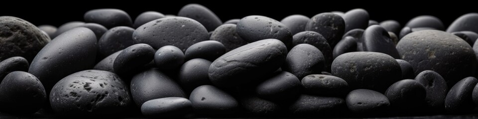 Fototapeta na wymiar Black Pebbles Stone Background Panoramic Banner. Generative AI
