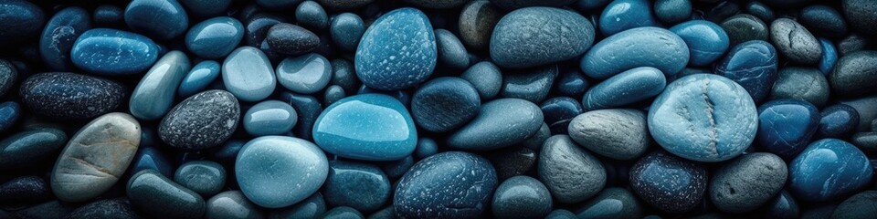 Blue Pebbles Stone Background Panoramic Banner. Generative AI
