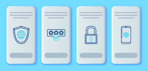 Set line Password protection and safety access, Lock, Shield with world globe and Smartphone fingerprint scanner icon. Vector