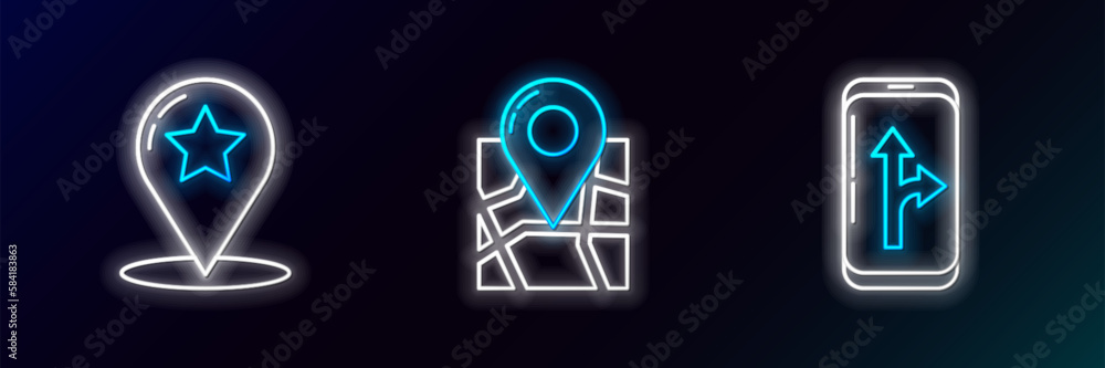 Poster set line infographic of city map navigation, map pointer with star and folded location marker icon. 