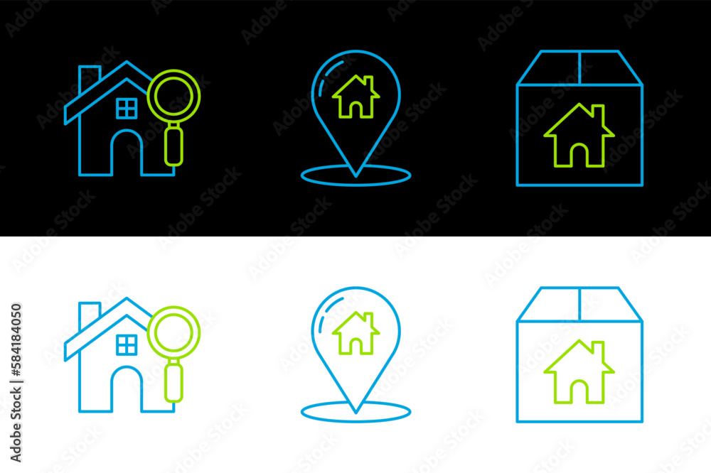 Poster set line cardboard box with house, search and map pointer icon. vector