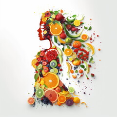 girl made out of fruits on white background, healthy concept