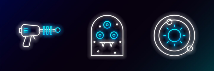 Set line Solar system, Ray gun and Alien icon. Glowing neon. Vector © Oksana