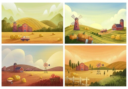 Harvest Landscape Illustrations Set