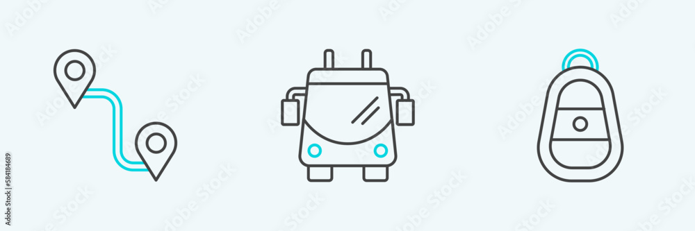Poster set line car key with remote, route location and trolleybus icon. vector