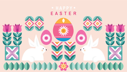 Happy Easter festive  seamless pattern with  rabbit, easter egg , spring flower, For decorated easter greeting card, banner cover, poster. Flat cartoon  style Vector icon illustration