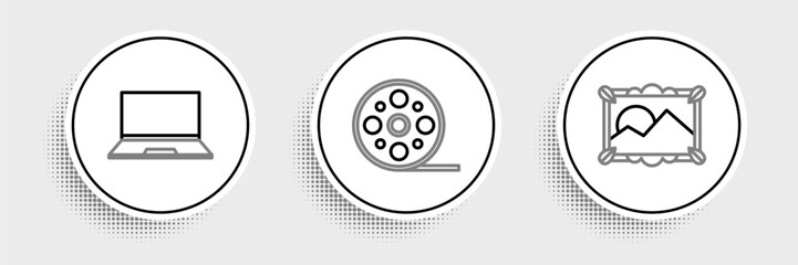 Set line Picture landscape, Laptop and Film reel icon. Vector
