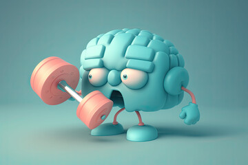  Human brain lifting a heavy dumbbell. Mind training concept, generative AI