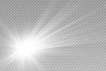 Special lens flash, light effect. The flash flashes rays and searchlight. illust.White glowing light. Beautiful star Light from the rays. The sun is backlit. Bright beautiful star. Sunlight. Glare.	
