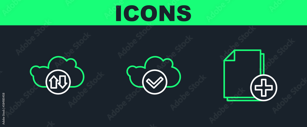Poster set line add new file, cloud download and upload and with check mark icon. vector