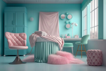 Beauty salon, interior design with massage couch, pastel colors, super photo realistic background, generative ai	