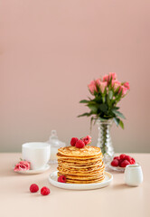 Delicious Breakfast On Table With Flowers