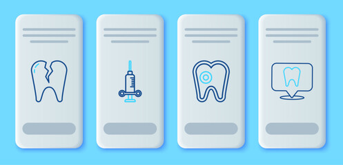 Set line Dental medical syringe, Tooth with caries, Broken tooth and clinic location icon. Vector