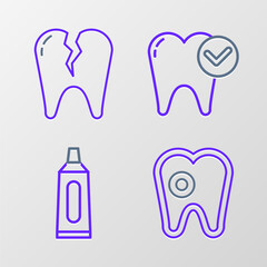 Set line Tooth with caries, Tube of toothpaste, whitening concept and Broken icon. Vector