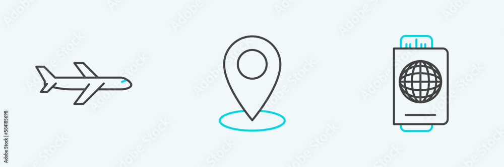 Poster set line passport with ticket, plane and map pin icon. vector