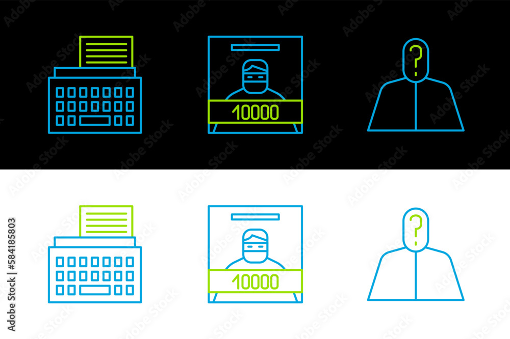 Poster set line anonymous with question mark, retro typewriter and wanted poster icon. vector