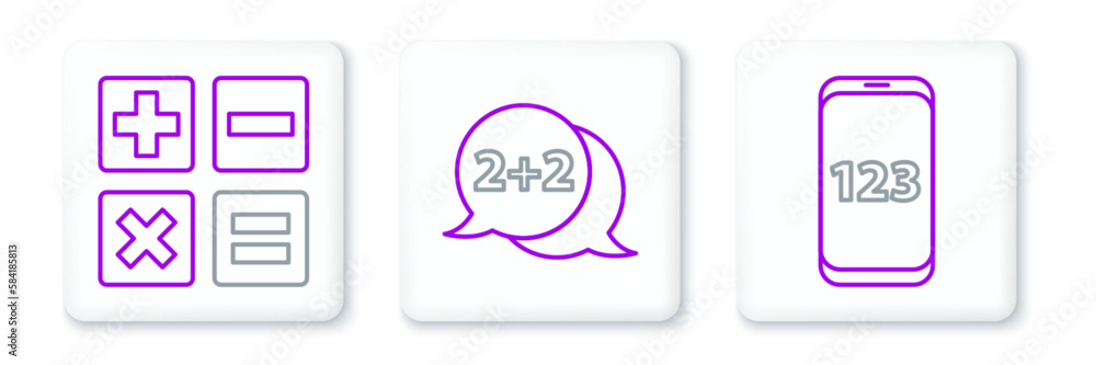 Poster set line mobile calculator interface, calculator and equation solution icon. vector
